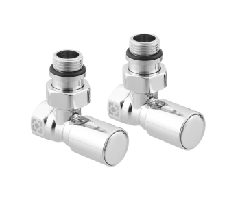 Leņķisku radiatoru krānu komplekts ar savienojuma uzgriezni un apaļu rokturi RV-6012