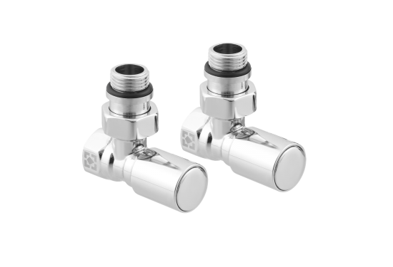 Leņķisku radiatoru krānu komplekts ar savienojuma uzgriezni un apaļu rokturi RV-6012