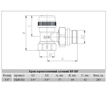 RAFTEC 3/4" thermostatic valve (angle)
