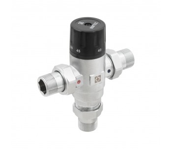 Three-way thermostatic mixing valve