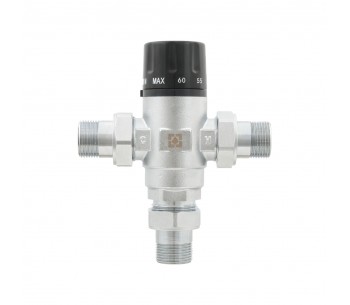 Three-way thermostatic mixing valve