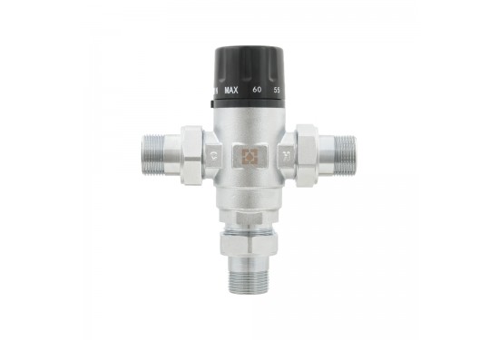 Three-way thermostatic mixing valve