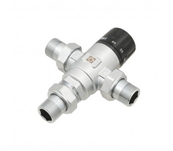 Three-way thermostatic mixing valve