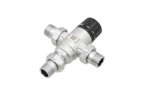 Three-way thermostatic mixing valve