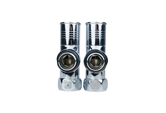 Set of angle radiator valves with cap nut and round handle