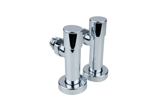 Set of oblong angle radiator valves with cap nut and round handle