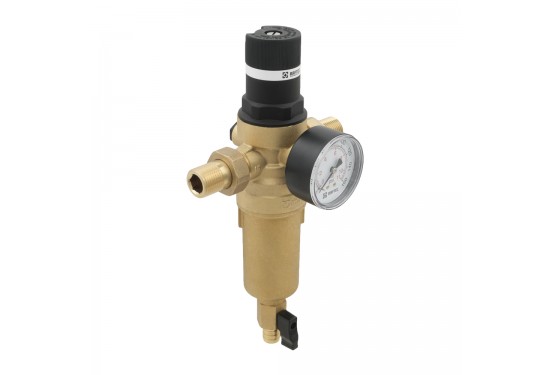 Pressure reducer with self-cleaning filter (hot water)