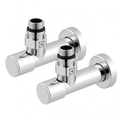 Sada podlouhlých úhlových radiátorových kohoutů se spojovací maticí a kulatou rukojetí RV-4012